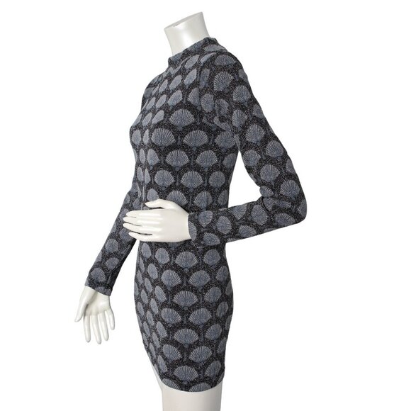 Zara Bodycon Stretch Mini Dress Metallic Fan Shell Print Open Back Black Silver - Picture 8 of 11